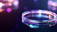 Glass petri dish on dark background with colorful bokeh lights creating scientific laboratory atmosphere, glowing neon purple and blue reflections highlight sterile equipment.