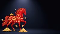 Red ornate horse with golden decorative patterns and coins on dark background for Chinese New Year celebrations and traditional festival designs.