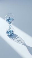 Glass hourglass filled with blue crystal cubes on white surface with soft shadows representing time management and precious moments passing.