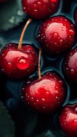 Fresh ripe cherries with water drops on dark background, macro shot showing juicy red fruit texture and natural moisture for food photography.