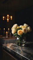 Elegant cream roses in glass vase on marble surface with warm candlelight creating romantic ambiance for luxury interior design and home decor.