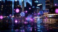 Magical night cityscape with glowing purple and blue orbs floating over reflective water surface against illuminated urban skyline and bokeh lights.