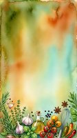 Watercolor cooking background with fresh vegetables, herbs, olive oil bottle, and spices arranged at bottom border on soft yellow, green, and orange gradient. Use for recipe cards, menus, culinary blogs.