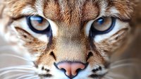 Close up macro shot of lynx face focusing on bright blue eyes and nose. Detailed view shows fur texture and distinctive facial features of wild cat predator.