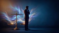 Thoughtful male figure in suit standing beside golden scales of justice with glowing blue and purple flames on dark background.