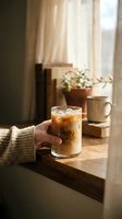 Hand holding glass of iced coffee with milk on wooden windowsill, soft natural light streaming through sheer curtains, potted plant and ceramic pitcher in background, cozy home interior setting.
