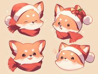 Adorable kawaii fox faces wearing winter Santa hats and scarves in warm peach tones, expressing different cute emotions. Isolated design elements for seasonal greeting cards.