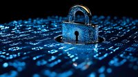 Digital padlock with binary code background glowing in blue neon light represents cybersecurity and data protection concepts for technology presentations.