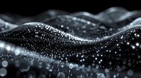 Monochromatic abstract wave pattern with glowing particles and bokeh effect on black background creates dynamic flowing motion and depth for technology designs.