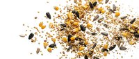 Mixed seeds and nuts scattered explosion with granola oats and dried fruits on white background for healthy breakfast cereal snack food ingredients.