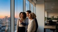 Two professional women standing by floor-to-ceiling windows overlooking a city skyline at sunset, discussing business strategy in a modern office environment.