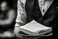 Professional waiter in pinstripe vest holding folded white napkins, ready for fine dining service in upscale restaurant environment.