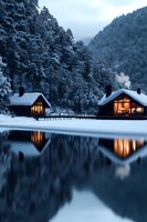 Cozy wooden cabins with warm glowing windows reflect in still lake waters at dusk, surrounded by snow-covered pine forest in winter mountain landscape.