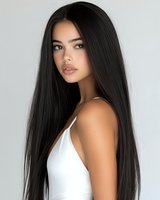 Young Asian woman with long straight black hair and natural makeup wearing white top poses against light background for beauty and fashion photography.