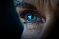 Extreme close up of bright blue eye with detailed iris and eyelashes in dramatic lighting, creating mysterious and emotional mood for healthcare and beauty concepts.