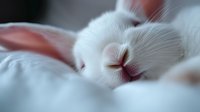 Sleeping white kitten close-up on pink bedding shows peaceful expression with closed eyes and soft fur, creating gentle mood for pet and lifestyle content.