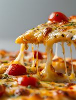 Hot pizza slice with stretchy melted mozzarella cheese, cherry tomatoes and herbs in close up view. Appetizing cheese pull effect shows fresh, gourmet quality.