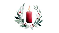Red burning candle surrounded by watercolor wreath with green leaves and red berries, festive holiday decoration on white background.