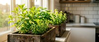 Fresh herbs growing in rustic wooden planters on sunny kitchen windowsill for cooking and culinary use in modern home interior.
