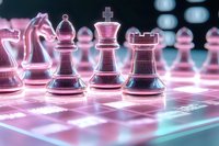 Glowing chess pieces in pink and blue neon lights on illuminated chessboard create futuristic atmosphere for strategy and gaming concepts.