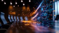 Dramatic light trails and sparks illuminate dark conference room with empty chairs, creating futuristic atmosphere with glowing orange and blue effects.