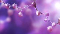 Molecular structure visualization with pink and purple spheres connected by bonds on blurred background, representing scientific research and chemistry concept.