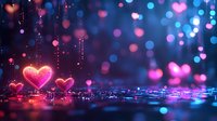 Glowing pink hearts with magical sparkles and bokeh lights on dark blue background, romantic atmosphere with dreamy illumination and reflective surface.