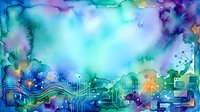 Watercolor digital technology background with vibrant blue, purple, and green hues blending into circuit patterns and data visualization elements for tech design projects.
