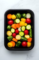 Fresh colorful vegetables in black container for healthy meal prep and diet planning on white marble background.