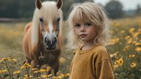 Young blonde girl in mustard sweater standing in wildflower meadow with brown horse behind her, creating dreamy countryside atmosphere in soft natural lighting.