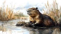 Watercolor beaver in natural habitat swimming among reeds and cattails at sunset, wildlife art showing wetland animal in pond landscape.