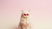 Adorable fluffy white kitten wearing trendy pink sunglasses on soft pastel background for pet fashion and lifestyle content.