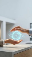 Two hands holding glowing digital atom symbol with light particles, representing innovation, technology, science, and future business solutions in modern office environment.
