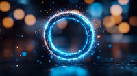 Glowing blue energy ring with sparkling particles against dark background with bokeh lights creates magical portal effect for fantasy designs.