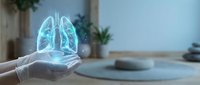 Hands in medical gloves holding glowing holographic lungs in modern healthcare setting for respiratory medicine and pulmonology concepts.