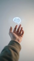 Hand reaching toward glowing brain hologram with radiating waves representing artificial intelligence, mental health, innovation and futuristic technology.