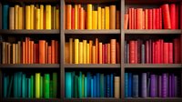 Colorful books arranged by spectrum colors on wooden library shelves creating rainbow pattern, organized collection from yellow through red to purple for home decor.