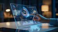 Businessman analyzing data on futuristic holographic display with charts, graphs and digital interface in modern office environment for business analytics.
