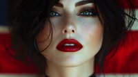 Close up portrait of young woman with bright red lipstick, intense blue eyes and dark hair against red background. Dramatic fashion makeup and sensual expression.