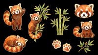 Cute red panda sticker set with bamboo, paw prints, and berries, isolated on transparent background. Great for t-shirt design, clipart, print on demand, and sublimation.