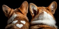 Two red foxes with distinctive fur patterns viewed from behind, one showing heart-shaped markings on its neck against dramatic black background.