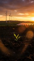 Green plant sprout emerging from soil with wind turbines and solar panels at sunset showcasing renewable energy and sustainable development concepts.