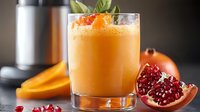 Fresh tropical smoothie with mango and pomegranate garnish in glass, vibrant orange drink against dark background, selective focus on beverage.