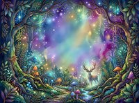 Enchanted forest clearing with magical glowing lights, mystical deer, and vibrant rainbow aurora borealis sky surrounded by ornate nature frame and woodland creatures.