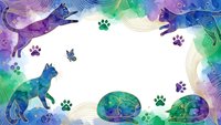 Watercolor cats and paw prints frame with rainbow gradient colors on white background for pet care designs and animal lover projects.