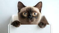 Adorable Siamese kitten with bright golden eyes peeking over white box edge, curious expression, perfect for pet care and animal lover designs.