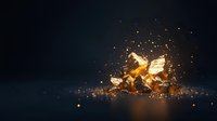 Glowing golden crystals exploding with luminous particles and sparks against dark background, suitable for luxury, magic, and abstract design projects.