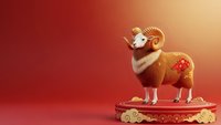 Golden ram figurine with ornate decorations on red gradient background for Chinese New Year celebrations and traditional holiday designs.
