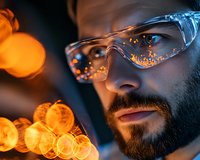 Close-up portrait of bearded Caucasian man wearing protective glasses with orange bokeh light reflections creating atmospheric evening mood.