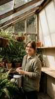 Young woman gardener watering plants with metal can in sunny greenhouse surrounded by potted greenery and natural wooden shelving for hobby cultivation.